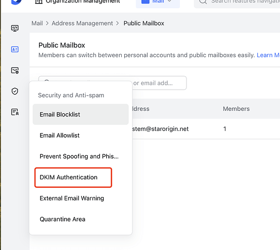 L'image montre une partie de l'application Mail sur macOS, mettant en évidence la fonctionnalité « Authentification DKIM » dans la section « Sécurité et anti-spam ». (Titre généré par IA)