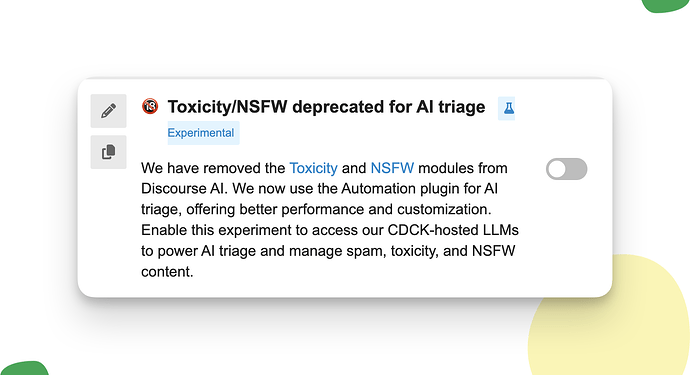 The image shows a notification from Discourse AI indicating that the toxicity and NSFW modules have been removed and replaced with the Automation plugin for AI triage. (Captioned by AI)