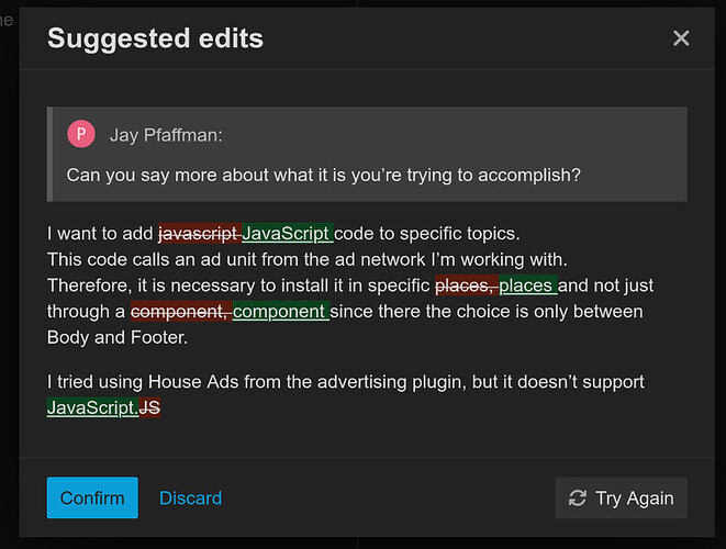Das Bild zeigt den Vorschlag, „JavaScript“ durch den korrekten Begriff „javascript“ in einem Kommentar zu ersetzen, der das Hinzufügen von JavaScript-Code zu bestimmten Themen für Anzeigen diskutiert. (Beschriftet von KI)