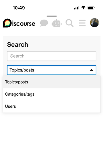 This image is a screenshot of a smartphone interface showing a search bar with topics, posts, categories, and tags displayed in a dropdown menu.  (Captioned by AI)