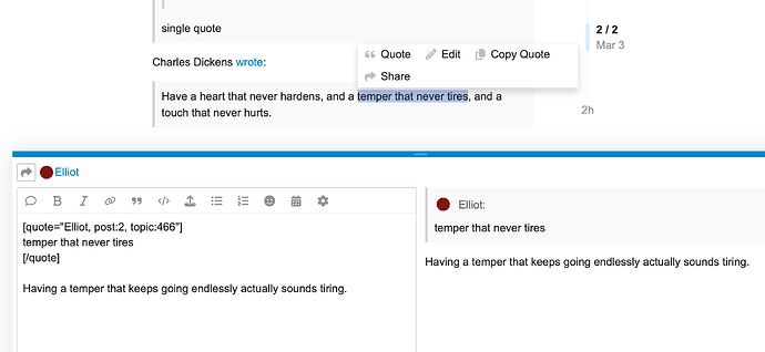 The image shows a social media post featuring an ellipsis referencing Charles Dickens, discussing having a heart that never hardens, a temper that never tires, and a touch that never hurts, but highlights that a temper never tiring can also be tiring. (Captioned by AI)
