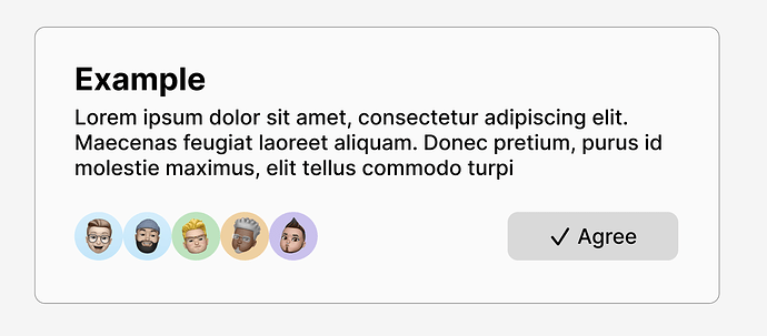 A imagem exibe uma interface de usuário com texto de exemplo em latim, juntamente com cinco ícones circulares representando diferentes avatares de rosto em estilo de desenho animado, e um botão Concordar abaixo. (Legenda da IA)