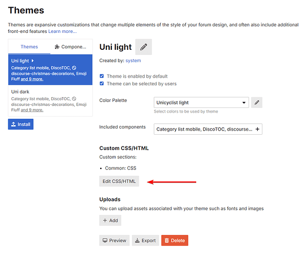 Esta imagem mostra uma interface de seleção e personalização de temas, especificamente para um tema Uni light, com opções para edição de CSS/HTML. (Legenda por IA)