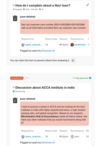 Due screenshot mostrano discussioni da un forum sull'assistenza clienti per un prestito Navi e sulla ricerca di informazioni sul miglior Istituto per perseguire l'ACCA in India, entrambi contrassegnati come spam da Discourse AI e contrassegnati come spam. (Didascalia dell'IA)
