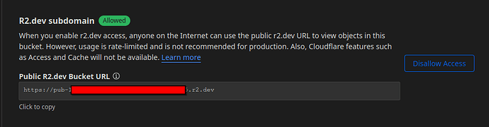 Le tableau de bord Cloudflare affiche un sous-domaine R2.dev activé, avertissant des limitations d'accès illimitées et fournissant une URL publiquement accessible. (Légendé par l'IA)