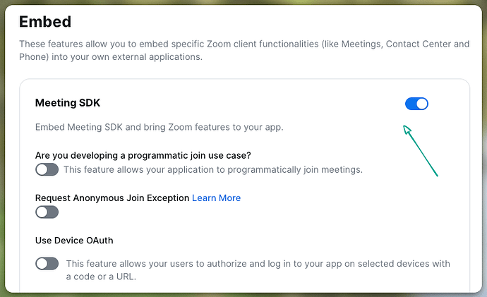 Enabling the Meeting SDK permission in the Zoom app.