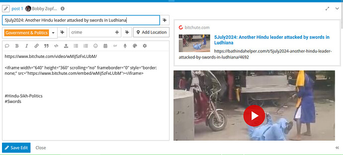 A imagem parece mostrar uma postagem de mídia social compartilhando um vídeo intitulado "5 de julho de 2024: Outro líder hindu atacado por espadas em Ludhiana", juntamente com uma miniatura de vídeo que retrata o que parece ser o rescaldo de um incidente envolvendo uma motocicleta e pessoas em pé na rua. (Legenda por IA)