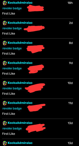 Бейдж «First Like», который KockaAdmiralac непрерывно отзывает в течение 14 дней.