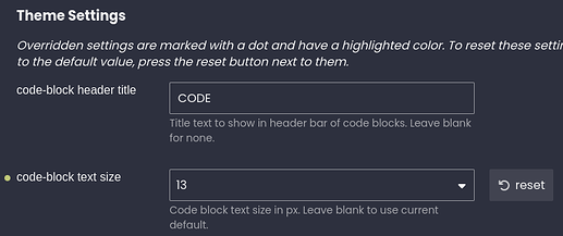 The image shows a screenshot of a theme settings page with code-block header and text size options. (Captioned by AI)