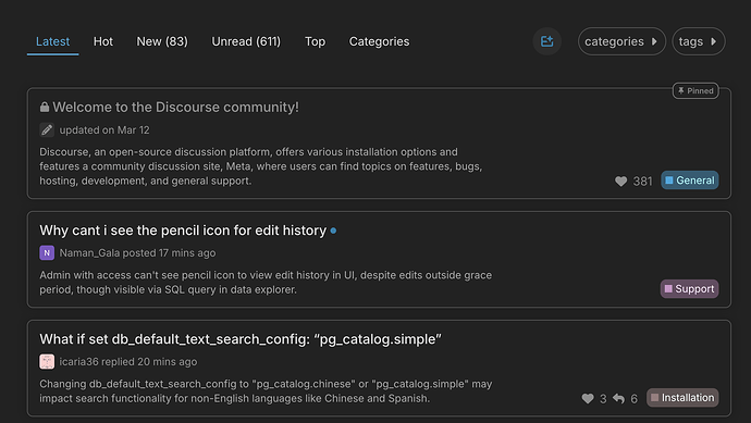 تعرض الصورة لقطة شاشة لصفحة ويب لمنتدى مجتمعي بأسلوب Discord، تعرض مناقشات المستخدمين حول الميزات والقضايا المتعلقة بمنصة مجتمع Discourse. (تم التعليق عليها بواسطة الذكاء الاصطناعي)