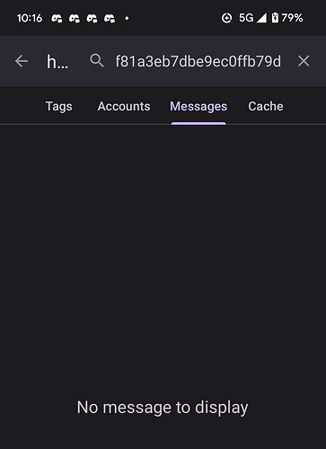 A página de resultado da busca para Fedilab, com o URL do Meta na barra de busca. A aba de resultados Mensagens está ativa e uma notificação afirmando "Nenhuma mensagem para exibir" é mostrada no painel de resultados.
