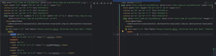 La imagen muestra la interfaz de un editor XML o SVG con un fragmento de código a la izquierda y un resultado renderizado a la derecha. (Subtitulado por IA)