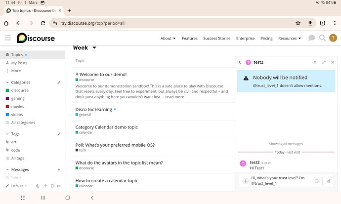 The image shows a computer screen displaying the user interface of the Discourse forum platform with a range of topics visible, and a private message opened on the right-hand side indicating that @trust_level_1 doesn't allow mentions. (Captioned by AI)