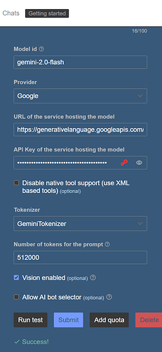 L'immagine mostra una pagina delle impostazioni per un modello AI chiamato Gemini-2.0-flash, fornito da Google con un input per la chiave API, un pulsante "Run test" e "Submit". (Didascalia dell'IA)