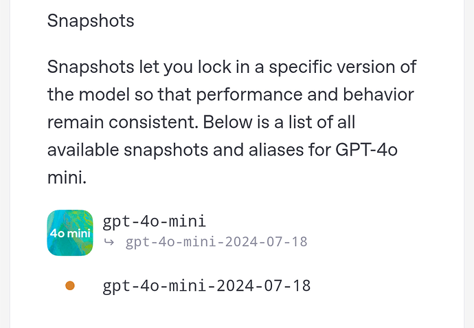 Das Bild zeigt einen Abschnitt mit dem Titel „Snapshots“ für GPT-4o mini und hebt hervor, dass Benutzer bestimmte Versionen sperren können, um eine konsistente Leistung und ein konsistentes Verhalten beizubehalten, und listet alle verfügbaren Snapshots zusammen mit ihren Aliassen auf. (Beschriftet von KI)