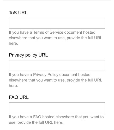 Esta imagem é uma captura de tela mostrando campos para inserir URLs para os documentos de Termos de Serviço, Política de Privacidade e Perguntas Frequentes de uma fonte externa. (Legenda da IA)