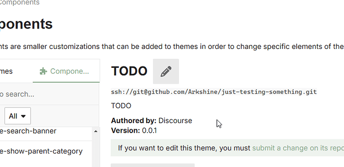 La imagen muestra la página del repositorio de GitHub para un tema "todo" utilizado para Discourse, con secciones para agregar componentes y ver el código. (Subtitulado por IA)