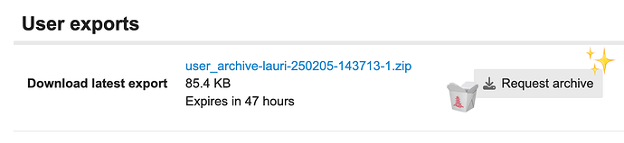 This image shows a user export option with a file named "user_archive.lauri-2502-05-2023-143713-1.zip" available for download, which is 85.4 KB in size and is set to expire in 35 hours. (Captioned by AI)