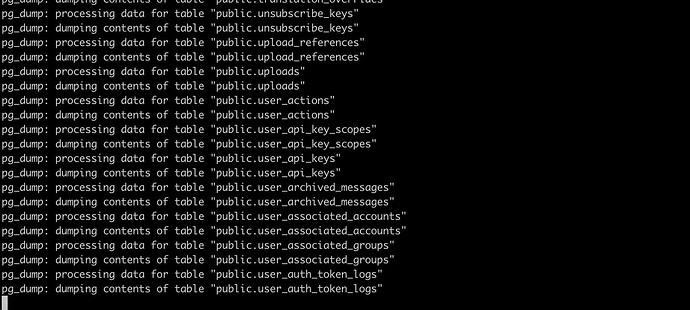 The image shows repetitive lines of code logging "pg_dump" messages for processing and dumping data from various tables within a database. (由 AI 生成标题)