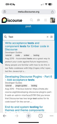 لقطة شاشة لموقع meta.discourse.org، تعرض صفحة نتائج البحث للمقالات المتعلقة بالاختبار في منصة Discourse. (تم التعليق عليها بواسطة الذكاء الاصطناعي)