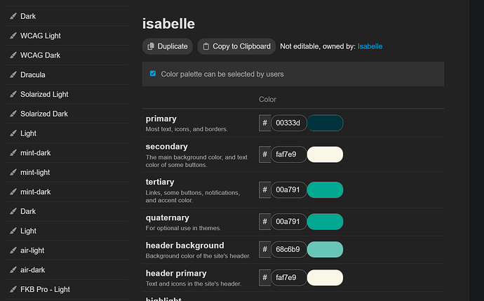 L'image affiche une interface de sélection de palette de couleurs pour le thème de couleur Isabelle, présentant diverses options de couleurs classées par primaire, secondaire, tertiaire, quaternaire, arrière-plan de l'en-tête et primaire de l'en-tête. (Légendé par l'IA)