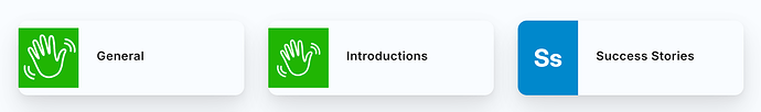 Das Bild zeigt ein horizontales Navigationsmenü mit drei Schaltflächen: zwei grüne Schaltflächen mit der Bezeichnung „General“ und „Introductions“, gefolgt von einer blauen Schaltfläche mit der Bezeichnung „Success Stories“. (Beschriftet von KI)