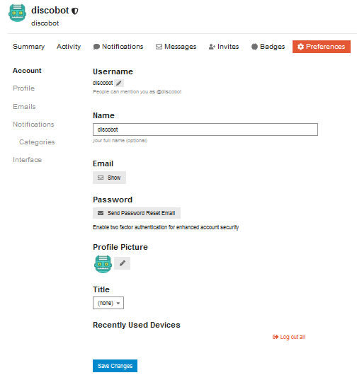 Account settings for Discobot