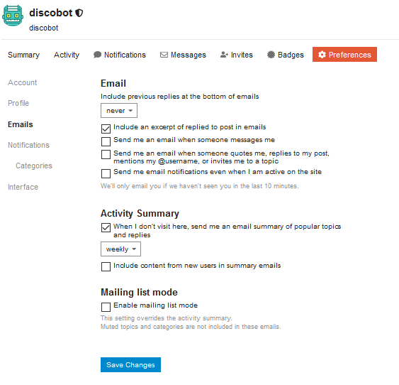 Email settings for Discobot