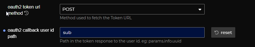 Une capture d'écran montrant un formulaire avec des champs pour les paramètres OAuth 2.0, y compris les options pour la méthode d'URL de jeton, le chemin de l'ID utilisateur de rappel et un bouton de réinitialisation. (Légendé par l'IA)