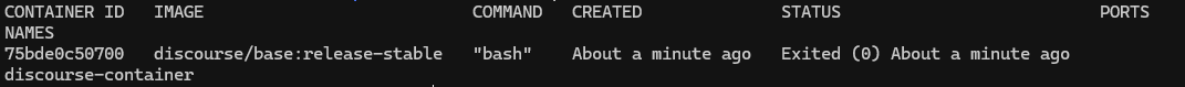 La imagen muestra una interfaz de línea de comandos que muestra un contenedor llamado "discourse-container" en un entorno Docker, que recientemente salió sin procesos en ejecución.