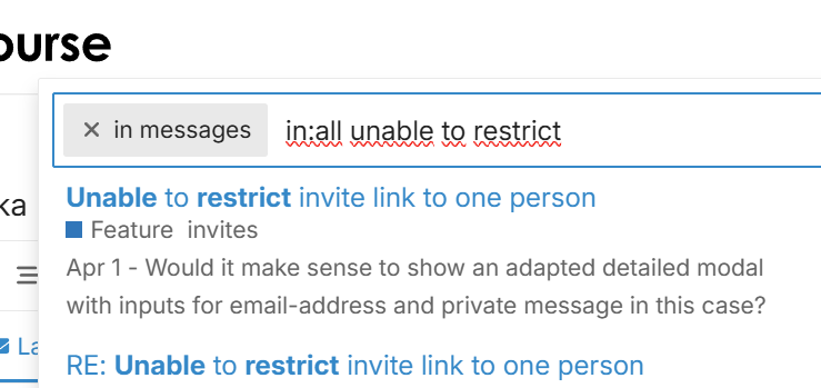 The image shows a user interface with a text input box containing the phrase "Unable to restrict invite link to one person" and an error above it indicating "in:all unable to restrict." (Captioned by AI)