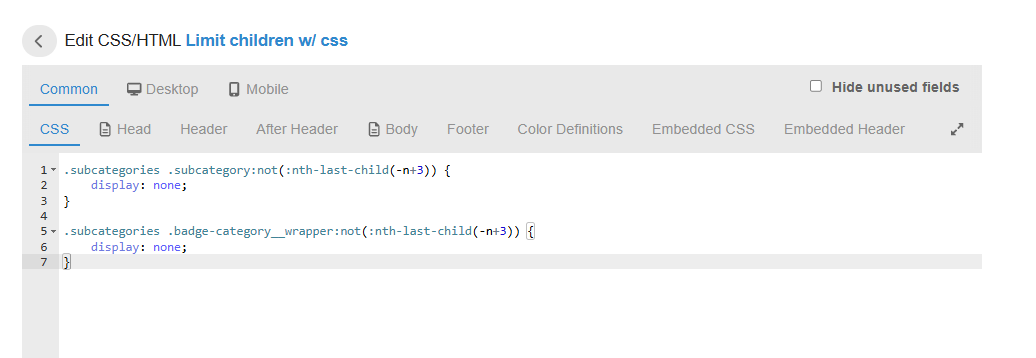 Das Bild zeigt einen HTML-Editor, der CSS-Regeln anzeigt, die darauf abzielen, HTML-Elemente unter bestimmten Bedingungen auszublenden, die verwendet werden, um Kindelemente mit CSS zu begrenzen. (Beschriftet von KI)