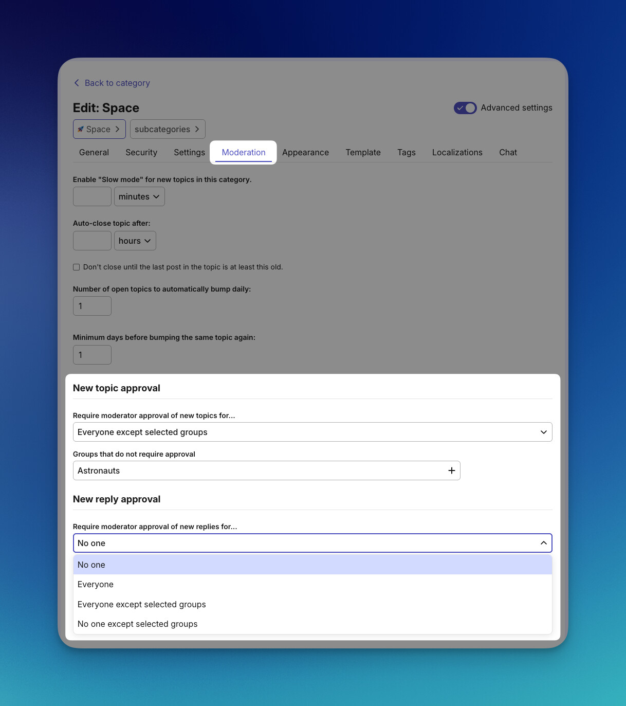 Flexible category-level topic and reply approvals