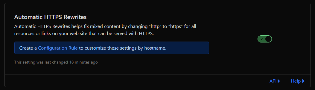 L'immagine mostra una funzionalità etichettata "Automatic HTTPS Rewrites" in una pagina delle impostazioni web, progettata per cambiare automaticamente "http" in "https" per tutte le risorse o i collegamenti su un sito web, con un'opzione per creare una regola di configurazione per nome host. (Didascalia dell'IA)