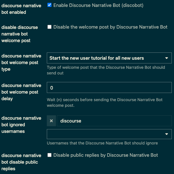 Das Bild zeigt eine Einstellungsseite für den Discourse Narrative Bot mit Optionen zum Aktivieren oder Deaktivieren des Bots, zum Konfigurieren von Willkommenspost-Einstellungen und zum Verwalten von Benutzinteraktionspräferenzen. (Beschriftet von KI)
