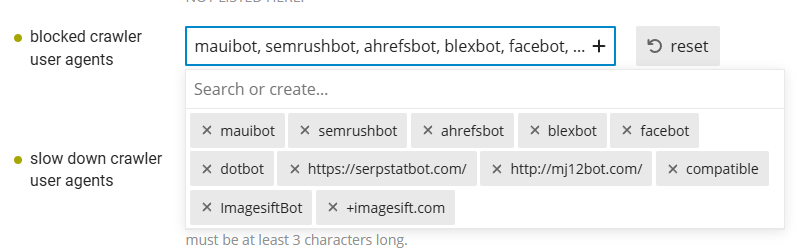 Ein Screenshot, der eine Einstellungsseite mit Optionen zum Blockieren und Verlangsamen bestimmter Crawler-User-Agents zeigt. (Beschriftet von KI)