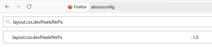 La imagen muestra una ventana de Firefox con la barra de direcciones mostrando "about:config" y una barra de búsqueda para layout.css.devPixelsPerPx que contiene el valor "-1.0". (Subtitulado por IA)