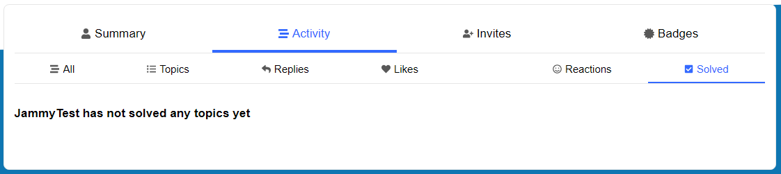 The image shows a user interface of a notifications tab with various filter options where Reactions is the active filter, and a message displaying "JammyTest has not solved any topics yet". (Captioned by AI)