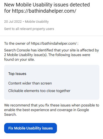 Eine Benachrichtigungs-E-Mail, die über neue Probleme mit der Benutzerfreundlichkeit auf Mobilgeräten für eine Website informiert, mit Empfehlungen zur Behebung der Probleme, um die beste Nutzererfahrung und Abdeckung in der Google Suche zu ermöglichen. (Beschriftet von KI)