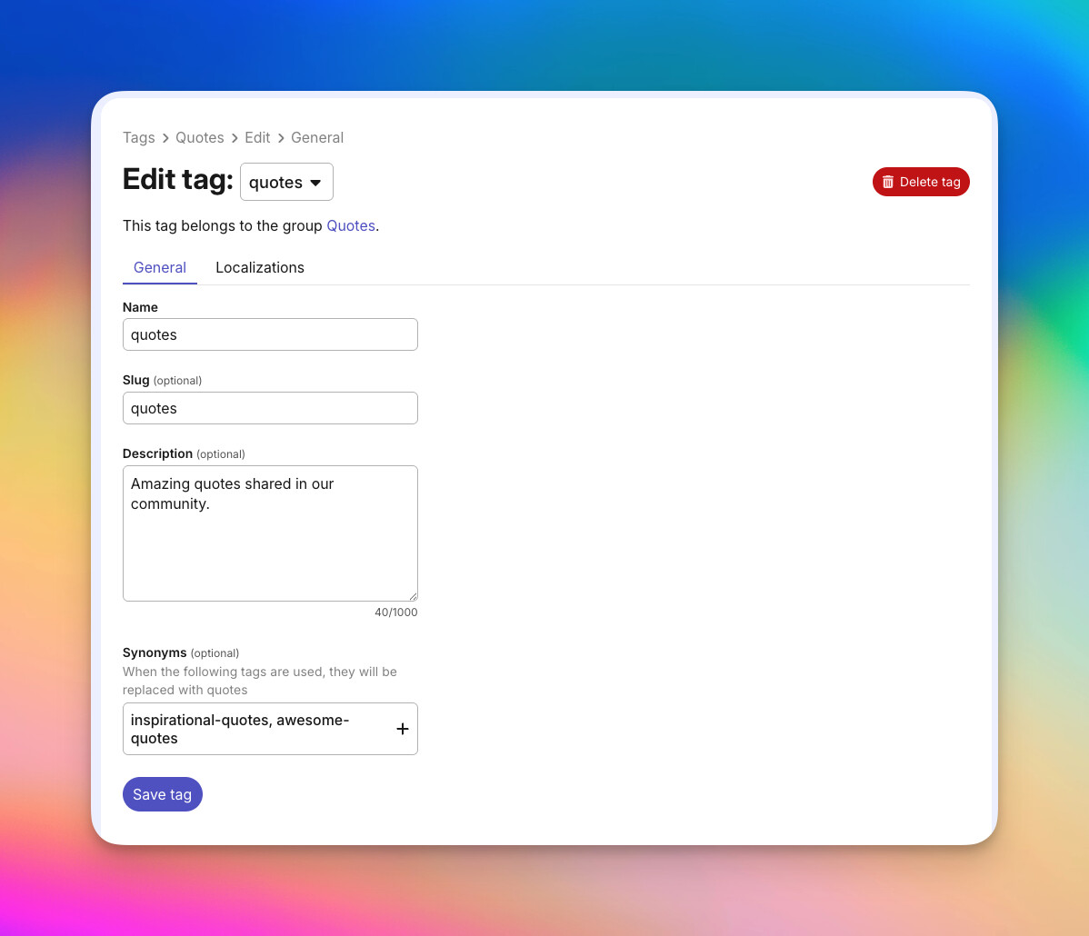 Dedicated tag editing page