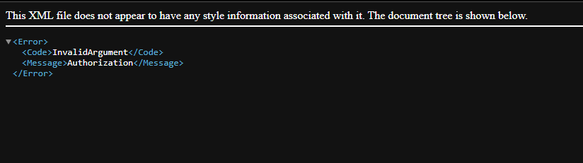 La imagen muestra un error de autorización en un documento XML, con etiquetas que indican un argumento inválido. (Subtitulado por IA)