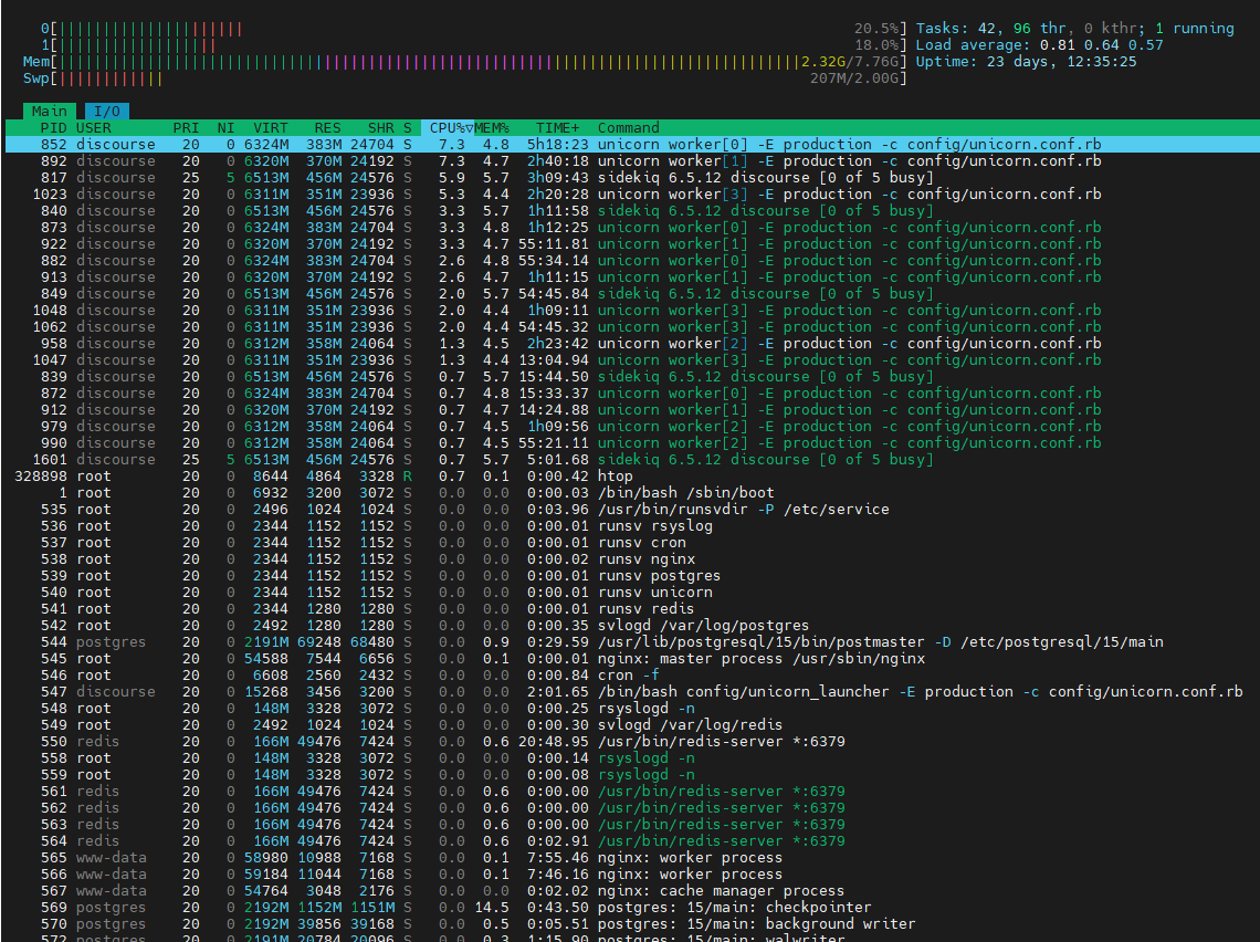 Das Bild zeigt eine Prozessliste oder einen Task-Manager eines Unix-ähnlichen Systems, der verschiedene laufende Prozesse anzeigt, mit Schwerpunkt auf mehreren Instanzen von 'unicorn worker'-Prozessen, und spezifische Details wie Benutzer-ID, Prozess-ID, Priorität, CPU, Speichernutzung und geschätzte Laufzeit liefert. (Beschriftet von KI)