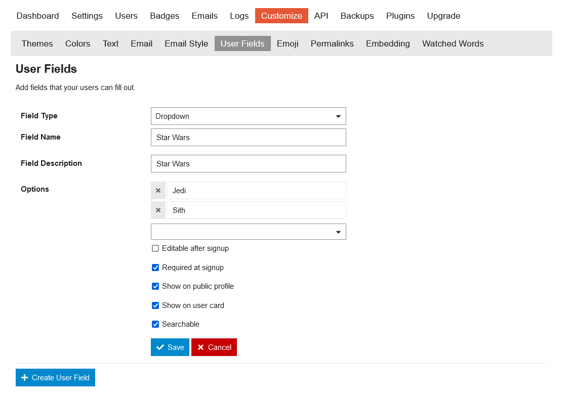 example user custom field