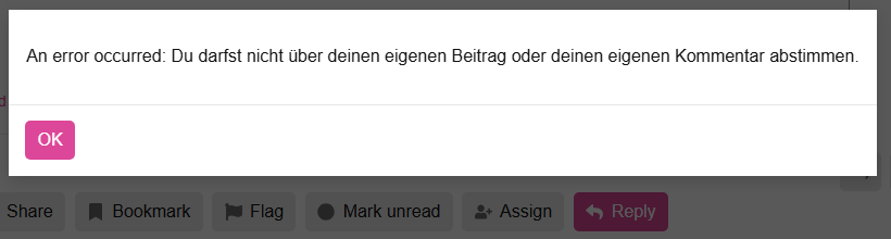 An error occurred: Du darfst nicht über deinen eigenen Beitrag oder deinen eigenen Kommentar abstimmen.