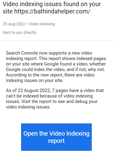 Das Bild zeigt eine Benachrichtigung bezüglich Problemen mit der Videoindexierung auf einer Website. (Beschriftet von KI)