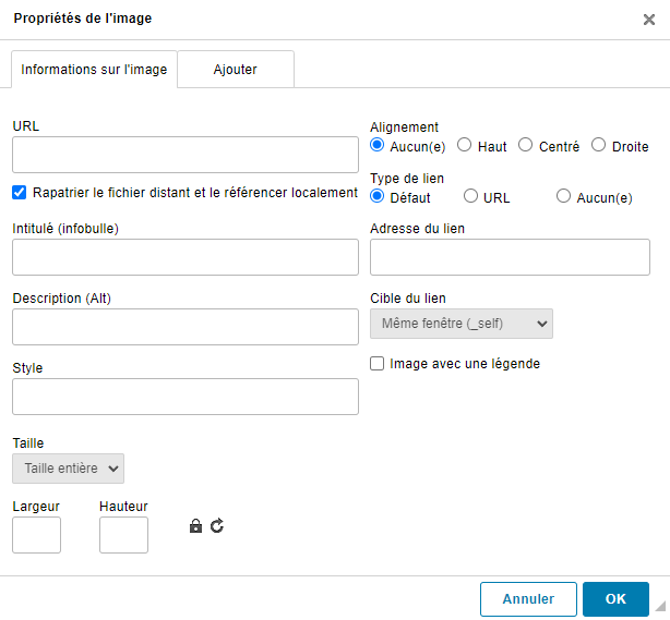 La imagen muestra una interfaz de página web francesa para agregar una cita de imagen, detallando opciones como seleccionar alineación, tipo de enlace, título y estilo. (Subtitulada por IA)