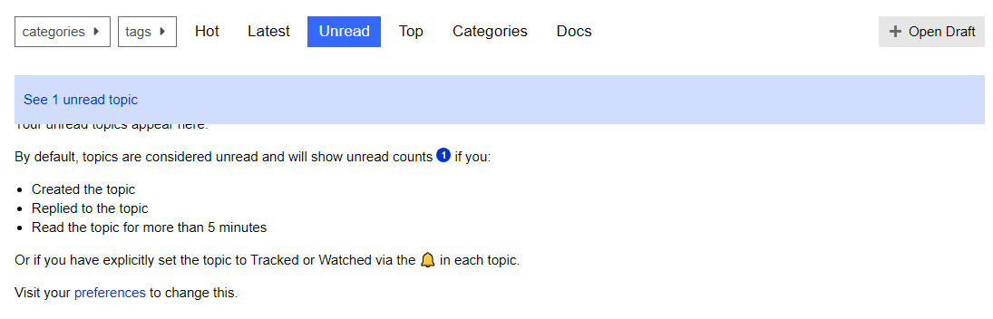 L'image affiche une interface utilisateur d'un forum ou d'un panneau de messages avec une notification sur un sujet non lu et une explication des conditions qui rendent un sujet non lu, ainsi que des onglets de navigation et un bouton pour ouvrir un brouillon. (Légendé par l'IA)