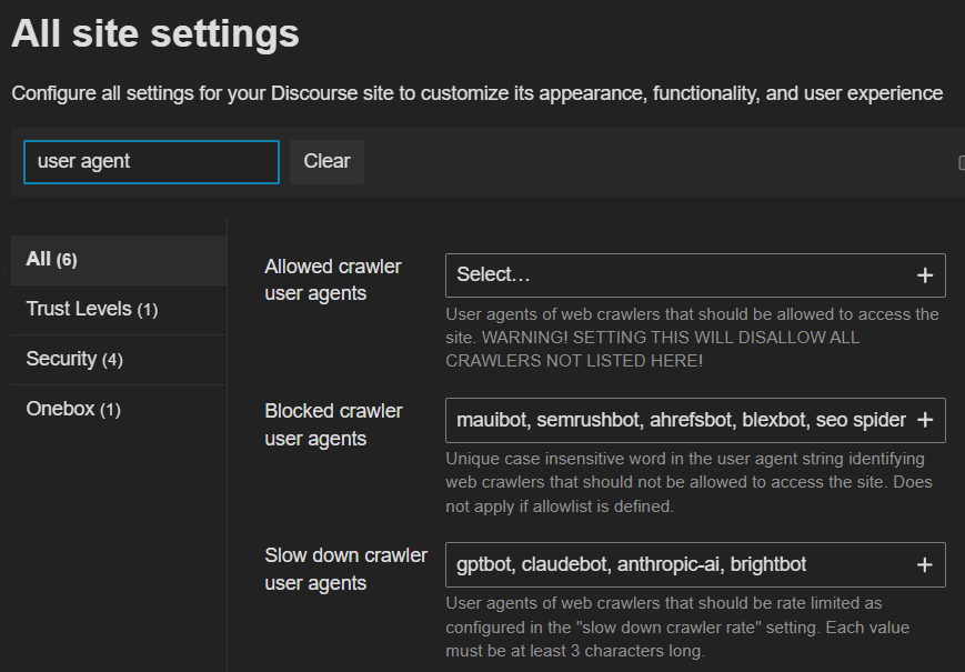 La imagen muestra una página de configuración para configurar el agente de usuario y los permisos del rastreador en un sitio de Discord. (Subtitulado por IA)
