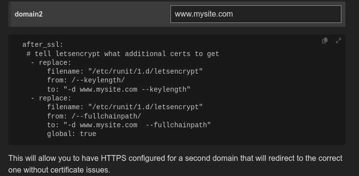 A imagem mostra um trecho de código contendo instruções para configurar SSL para um domínio. (Legenda gerada por IA)