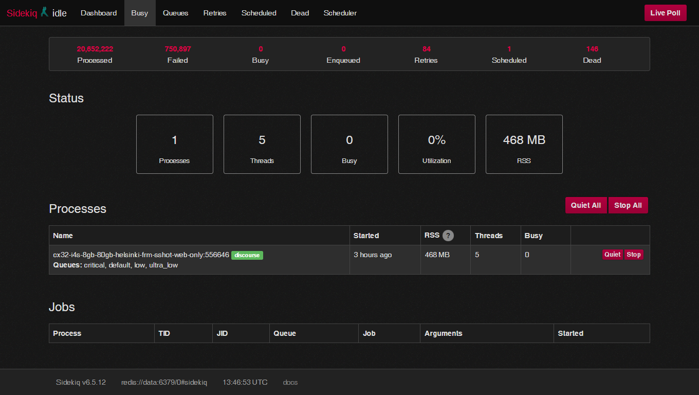 The image is a screenshot of a Sidekiq dashboard showing the status of a queue management system with statistics on processes, threads, utilization, RSS, and job information. (Captioned by AI)